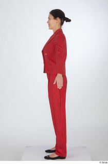  Cynthia black flat ballerina shoes dressed formal red striped suit standing whole body 0011.jpg